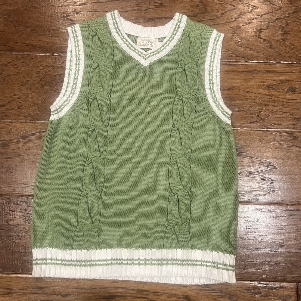 Childrens Place Green White Sweater Vest 5-6 Boys